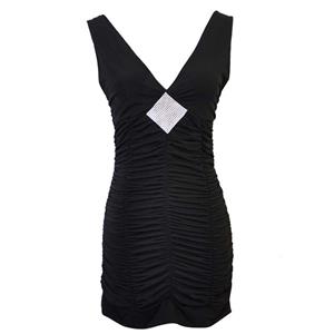 Sexy Women Black Pleats Low-V Neck Sleeveless Mini Bodycon Dress N17986