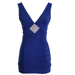 Sexy Women Blue Pleats Low-V Neck Sleeveless Mini Bodycon Dress N17987