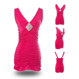 Sexy Women Hot Pink Pleats Low-V Neck Sleeveless Mini Bodycon Dress N17988