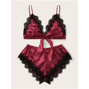 Sexy Smooth Satin Spaghetti Straps Bralette and Panties Lace Trim Sleepwear Lingerie N21999