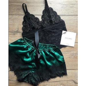 2Pcs Sexy Sheer Floral Lace Three-point Bra And Green Satin Panty Split Pajamas Suit N20974