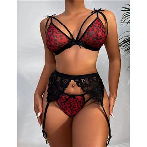Sexy Leopard Print Strappy Bra and Thong Underwear Lingerie with Lace Garters N21697