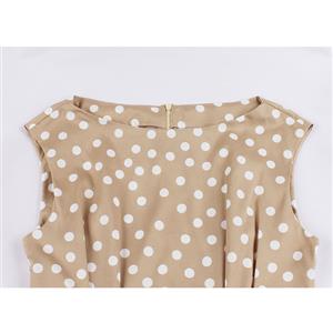 Sexy Khaki Round Neck Sleeveless Slim Waist Polka Dots Print Summer A-line Dress N20772