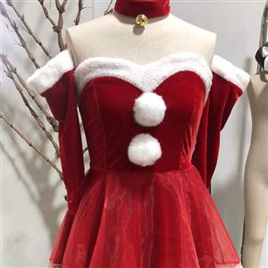 Women's Red Sweetheart Dew Shoulder Santa Girl Mini Dress Christmas Costume XT22546