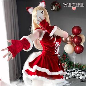 Women's Red Sweetheart Lace-up Santa Girl Mini Dress Christmas Costume XT22545