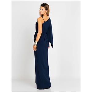 Women's Sexy Dark-Blue V Neck Off Shoulder Long Sleeve Maxi Dress N14428