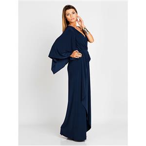Women's Sexy Dark-Blue V Neck Off Shoulder Long Sleeve Maxi Dress N14428