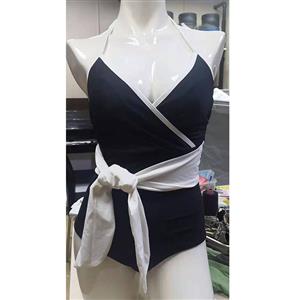 Sexy Halter V Neck Tummy Control Tie Side Wrap Bathing Suits One-piece Swimsuit BK21133