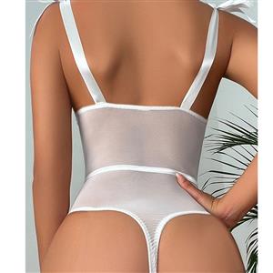 Sexy White See-through Mesh Lace-up Backless Stretchy Bodysuit Teddies Lingerie N23329