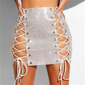 Sexy White Flash Drilling Lace Up A-line Mini Skirt N20971
