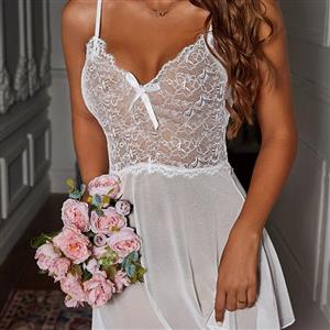 Sexy White Lace Mesh Bowknot Backless See-through Babydoll Sleepwear Lingerie N23295