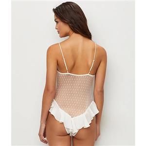 Sexy Gallus White Sheer Floral Lace and Mesh Low-cut Ruffled Pole Dancing Teddies Lingerie N18846