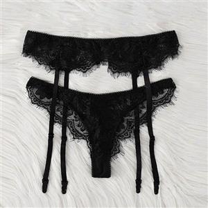 Charming Black See-through Floral Lace Panty High Waist Underwear With Garters PT20759