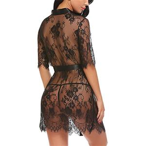 Charming See-through Floral Lace Self-tying Thin Nightgown Bathrobe with Sash N18926