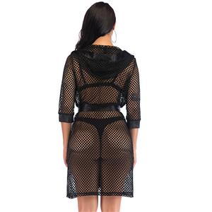 Charming See-through Black Mesh Hooded Self-tying Thin Nightgown Bathrobe with Belt N18975