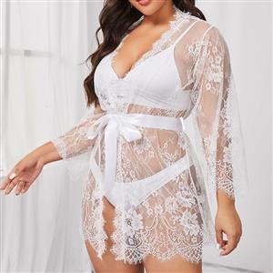 Plus Size Sexy See-through Floral Lace Thin Open Robe Nightgown Bathrobe with Sash N22216
