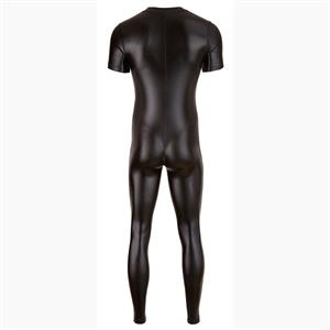 Fashion Black Faux Leather Short Sleeve Tight Front Zipper Clubwear Jumpsuit N17512