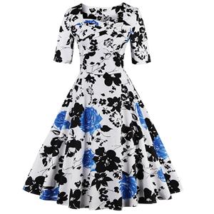 1950's Vintage Floral Short Sleeves Casual Cocktail Party Dress N12290