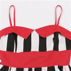 Fashion Vintage Shoulder Straps Stripe Dot Print Patchwork Casual Swing Dress N15583