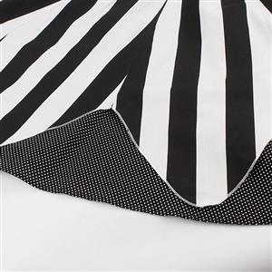 Fashion Vintage Shoulder Straps Stripe Dot Print Patchwork Casual Swing Dress N15584