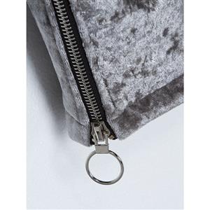 Women's Stylish Silver Collared Long Sleeve Front Button Velvet Jacket Overcoat N16029