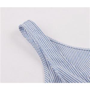 Simple Light Blue Scoop Neck Sleeveless Pinstripe Summer Swing Dress N18693
