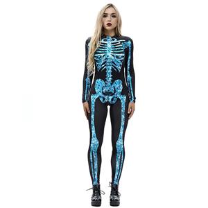 Horrible Skull Printed Jumpsuit, Halloween Skeleton High Neck Slim Fit Bodysuit, Halloween Bodycon Jumpsuit, Long Sleeve High Neck Jumpsuit, Halloween Skeleton Jumpsuit for Women, #N18233