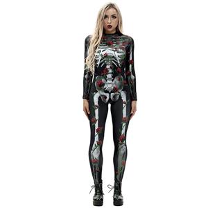 Scary Skull and Red Roses Unitard 3D Printed Skeleton High Neck Bodysuit Halloween Costume N18237