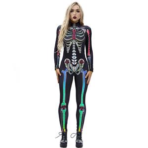 Horrible Skull Printed Jumpsuit, Halloween Skeleton High Neck Slim Fit Bodysuit, Halloween Bodycon Jumpsuit, Long Sleeve High Neck Jumpsuit, Halloween Skeleton Jumpsuit for Women, #N18238