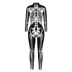 Scary White Bone 3D Digital Printed Unitard Skeleton High Neck Bodysuit Halloween Costume N21395