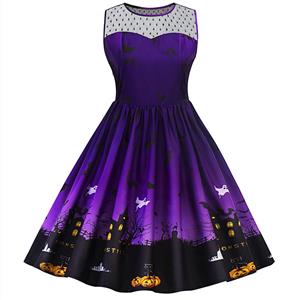 Women's Round Neck Sleeveless Printed Flared Cocktail Party Halloween Dress N14996