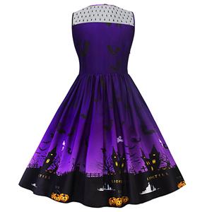 Women's Round Neck Sleeveless Printed Flared Cocktail Party Halloween Dress N14996