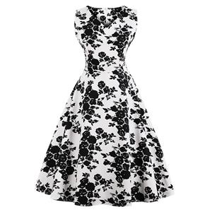 Vintage Black/White Sleeveless V Neck Floral Print Midi Swing Party Dress N16393
