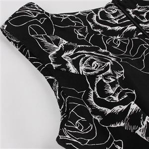 Women's Vintage Black Sleeveless V Neck Floral Print Midi Swing Summer Day Dress N16444