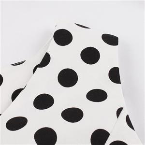 Women's Vintage White Sleeveless V Neck Polka Dot Print Midi Swing Summer Day Dress N16445