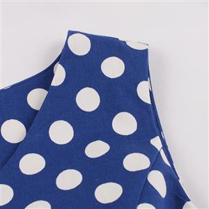 Women's Vintage Blue Sleeveless V Neck Polka Dot Print Midi Swing Summer Day Dress N16446