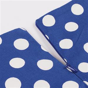 Women's Vintage Blue Sleeveless V Neck Polka Dot Print Midi Swing Summer Day Dress N16446