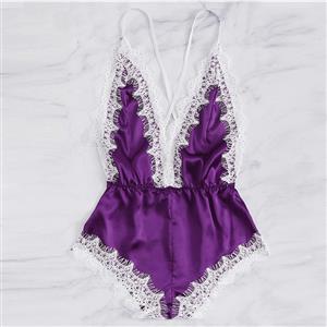 Sexy Purple Satin Spaghetti Strap Deep-V Backless Lace Trim Bodysuit Teddy Lingerie N20646