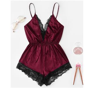 Sexy Wine-red Satin Lace Trim Spaghetti Strap Backless Bodysuit Teddy Lingerie N20648