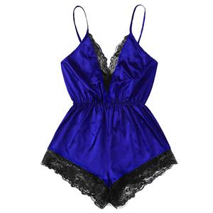 Sexy Royal-blue Satin Lace Trim Spaghetti Strap Backless Bodysuit Teddy Lingerie N20649