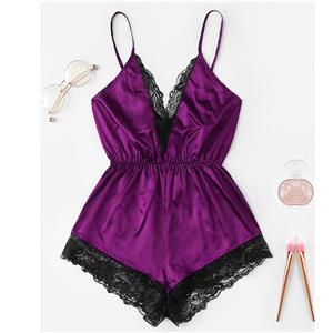 Sexy Purple Satin Lace Trim Spaghetti Strap Backless Bodysuit Teddy Lingerie N20650