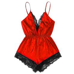 Sexy Red Satin Lace Trim Spaghetti Strap Backless Bodysuit Teddy Lingerie N20651