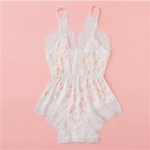 Sexy White Dots Print Spaghetti Straps Low-cut Lace Trim Bodysuit Teddy Lingerie N20813