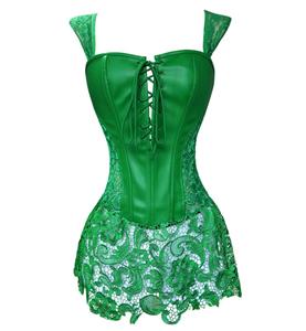 Steampunk Sexy Green Faux Leather Long Lace Embellished Corset with Lace Skirt N11022
