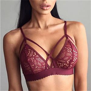 Sexy Wine Red Strappy See-through Hollow Out Floral Lace Lingerie Bra N16457
