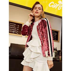 Women's Stylish Pink Round Neck Long Sleeve Pleuche Jacket Overcoat N16026