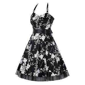 Vintage Sweetheart Neckline Halter Backless Floral  Print Casual Swing Knee-length Dress N14850