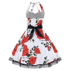 Vintage Sweetheart Neckline Halter Backless Flower Print Casual Swing Mini Dress N14847