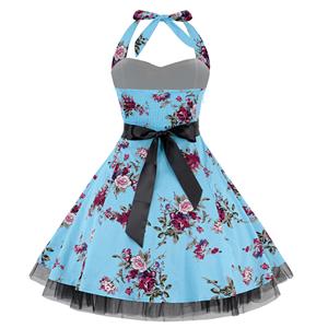 Vintage Sweetheart Neckline Halter Backless Flower Print Casual Swing Knee-length Dress N14848