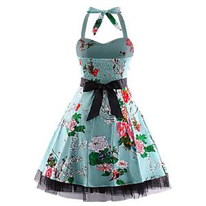 Vintage Sweetheart Neckline Halter Backless Flower Print Casual Swing Knee-length Dress N14857